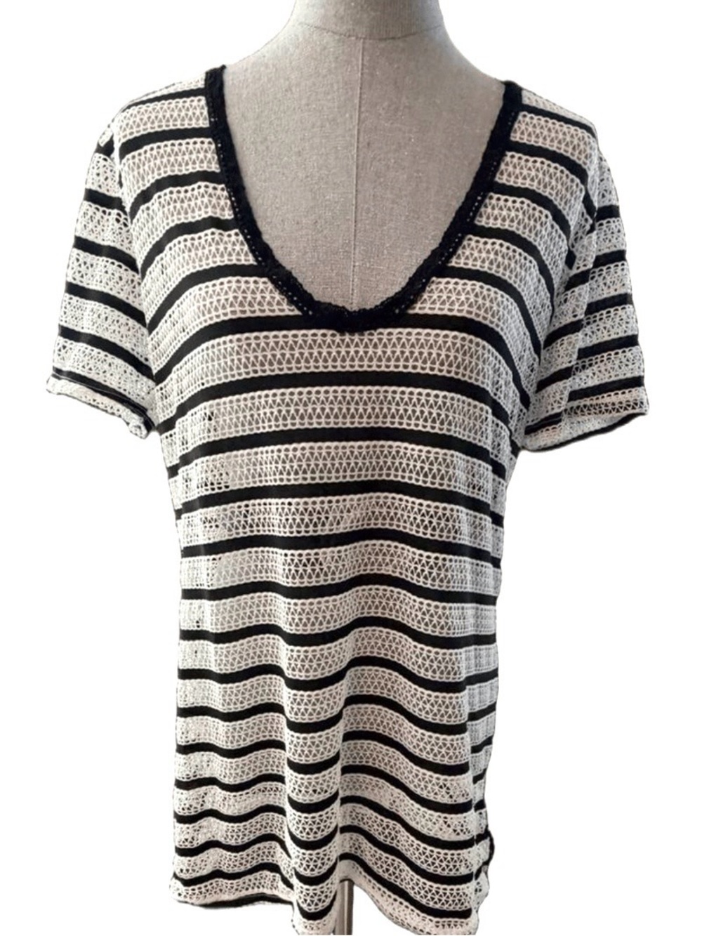 Black & White Striped Crocheted V-Neck Beach Cover-Up with Pom Poms